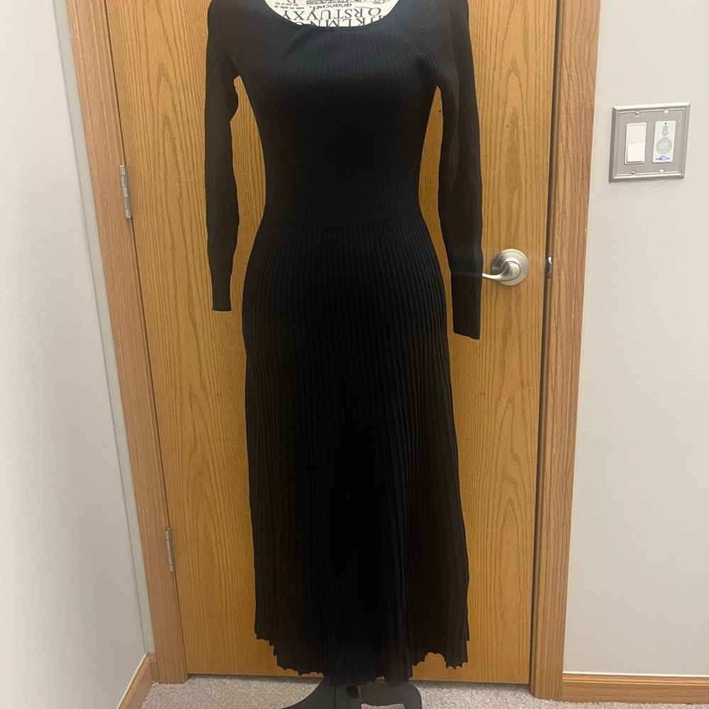 Lily Silk Chic Black Long Sleeve midi a line Dress